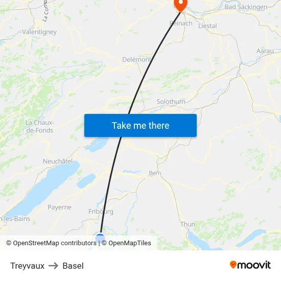 Treyvaux to Basel map