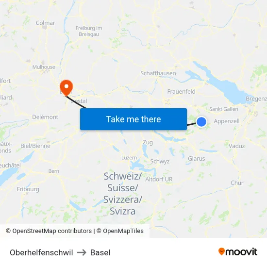 Oberhelfenschwil to Basel map