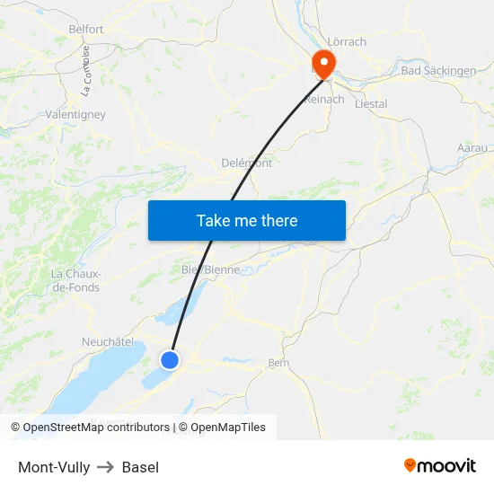 Mont-Vully to Basel map
