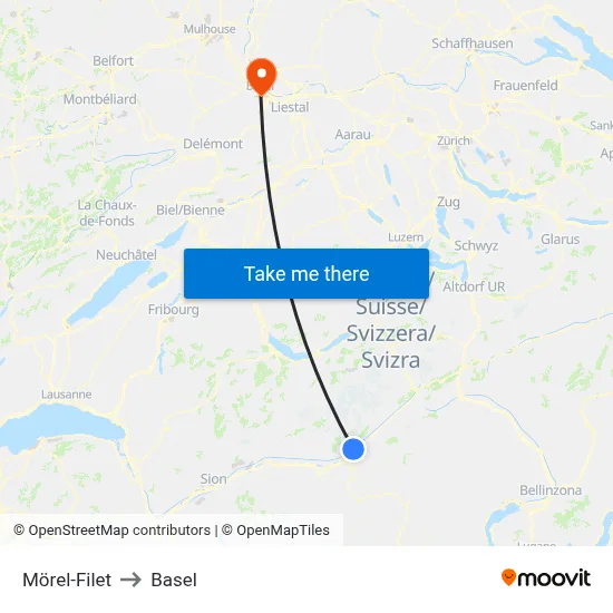 Mörel-Filet to Basel map