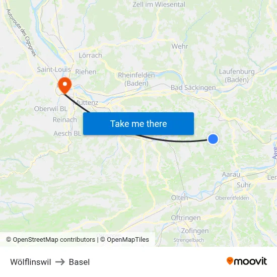 Wölflinswil to Basel map