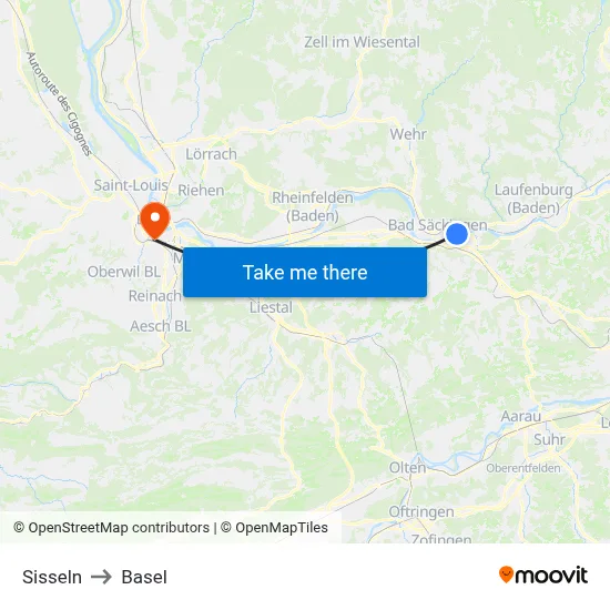 Sisseln to Basel map