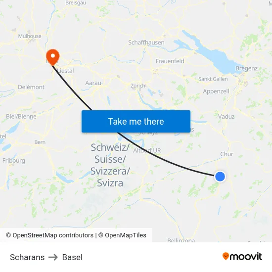 Scharans to Basel map