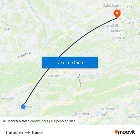 Tramelan to Basel map