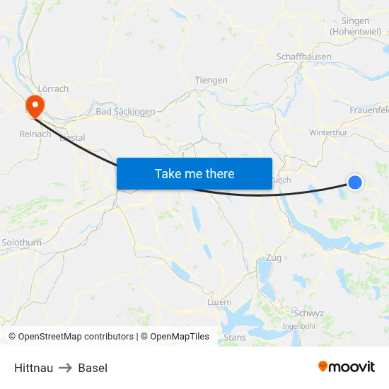 Hittnau to Basel map