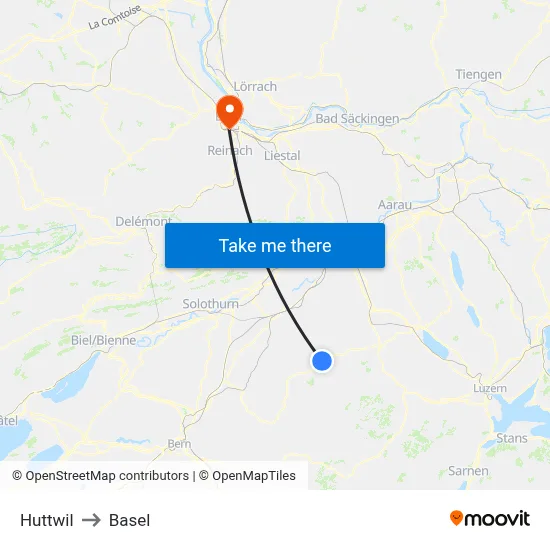 Huttwil to Basel map