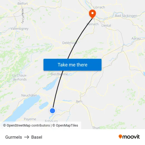Gurmels to Basel map