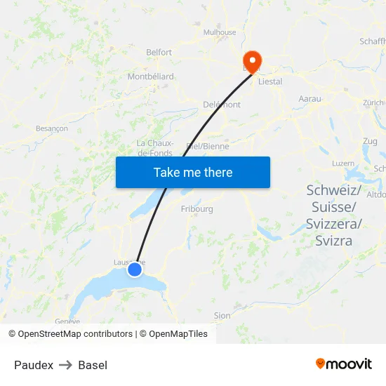Paudex to Basel map
