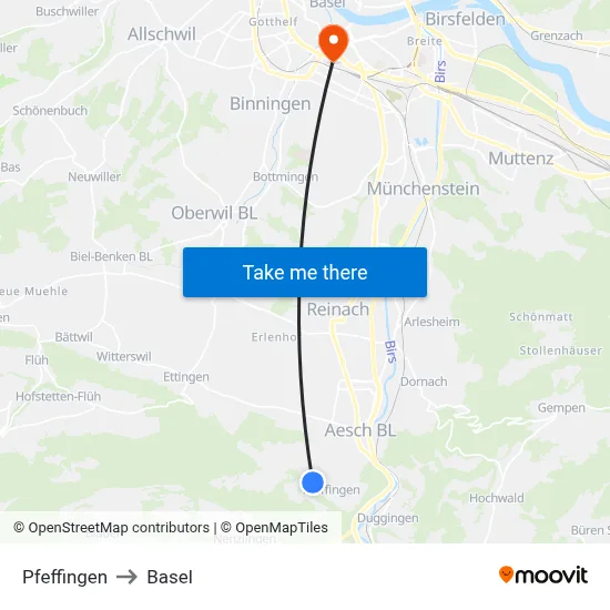 Pfeffingen to Basel map