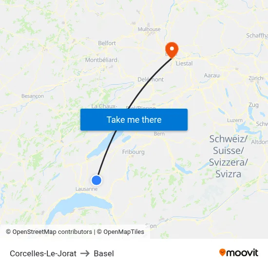 Corcelles-Le-Jorat to Basel map