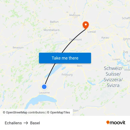 Echallens to Basel map