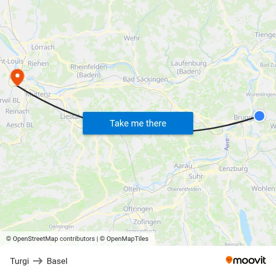 Turgi to Basel map