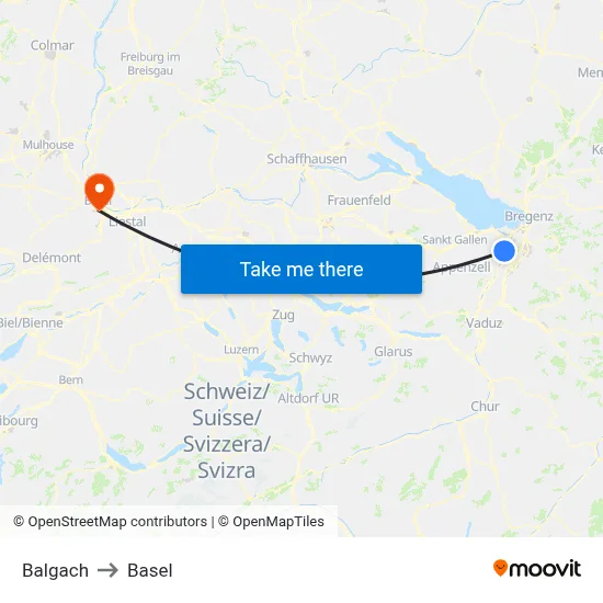 Balgach to Basel map