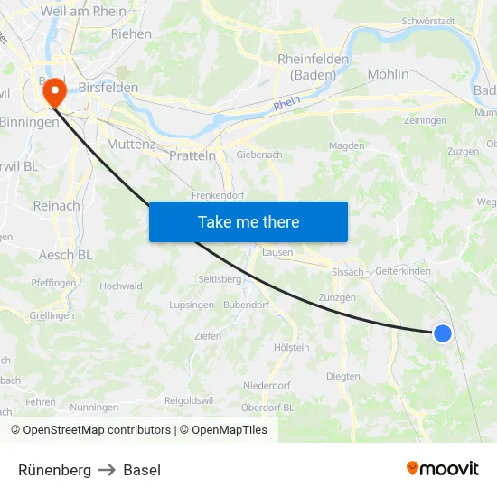 Rünenberg to Basel map