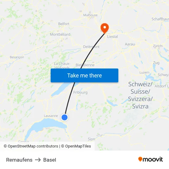 Remaufens to Basel map