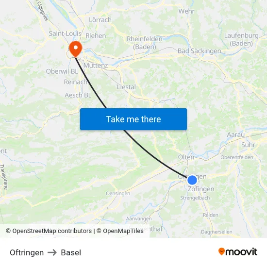 Oftringen to Basel map