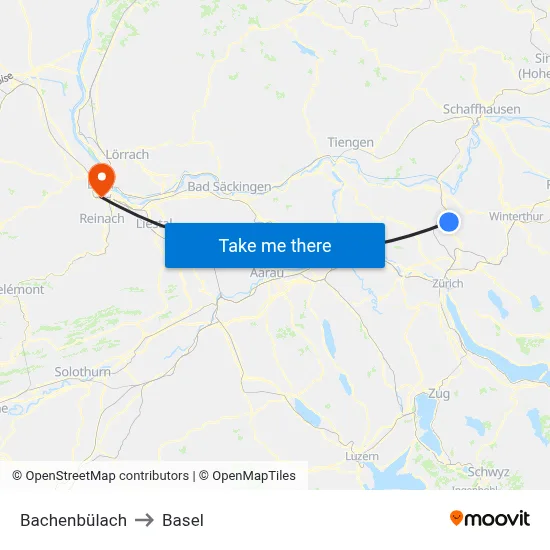 Bachenbülach to Basel map