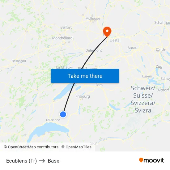 Ecublens (Fr) to Basel map