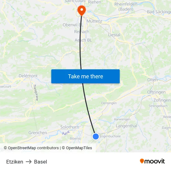 Etziken to Basel map