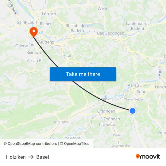 Holziken to Basel map