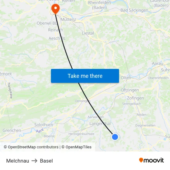 Melchnau to Basel map