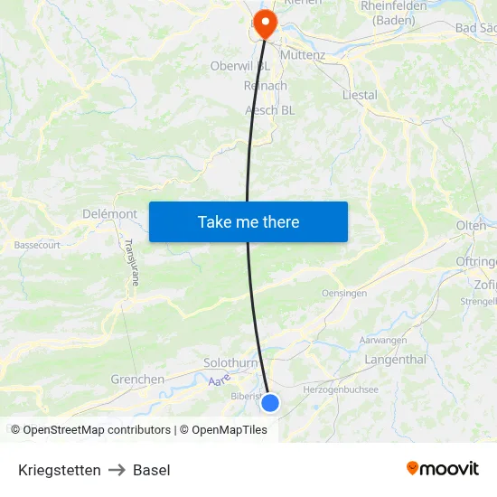 Kriegstetten to Basel map