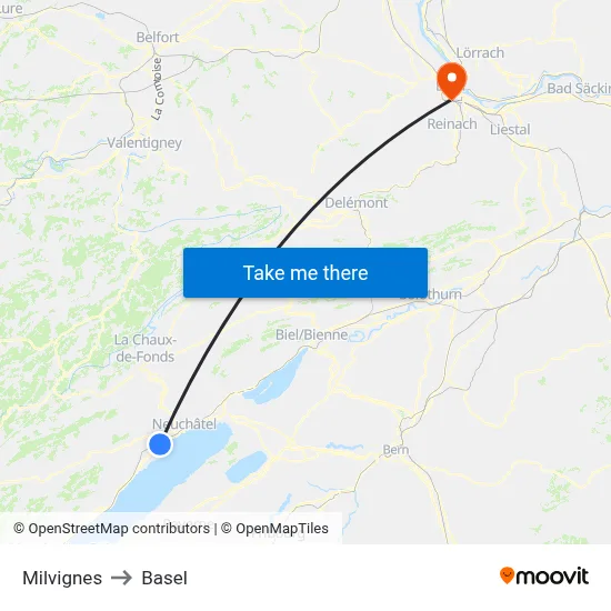 Milvignes to Basel map