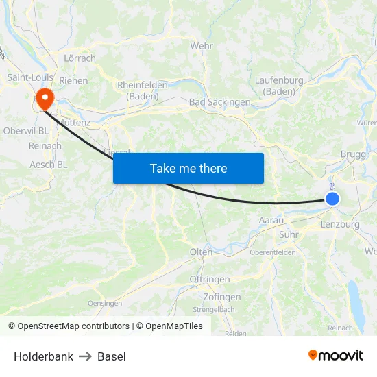 Holderbank to Basel map