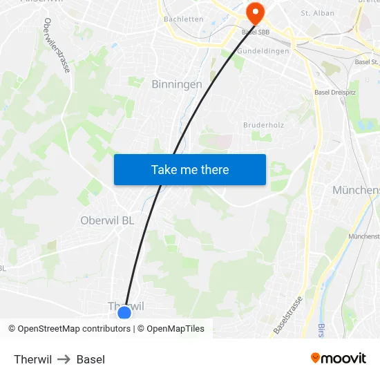 Therwil to Basel map