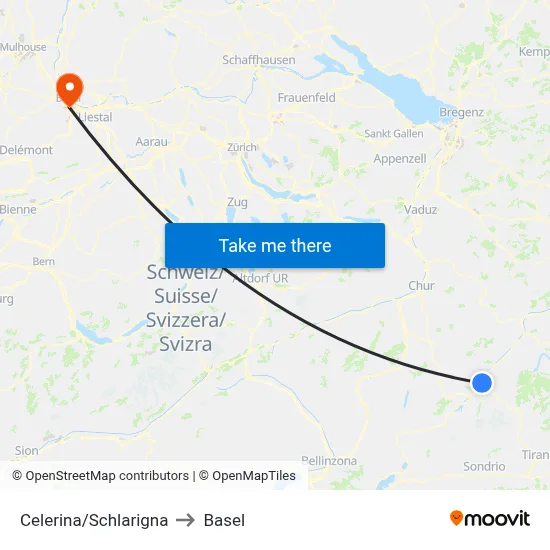 Celerina/Schlarigna to Basel map