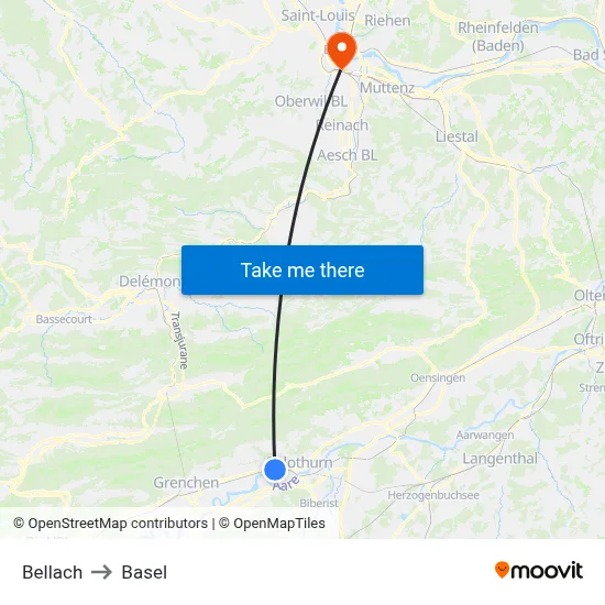 Bellach to Basel map