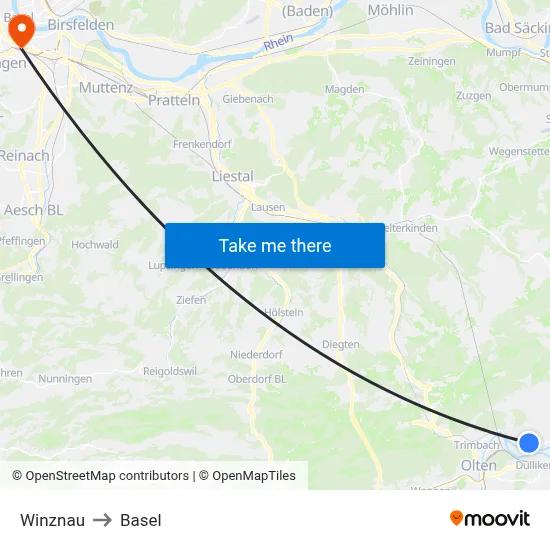 Winznau to Basel map