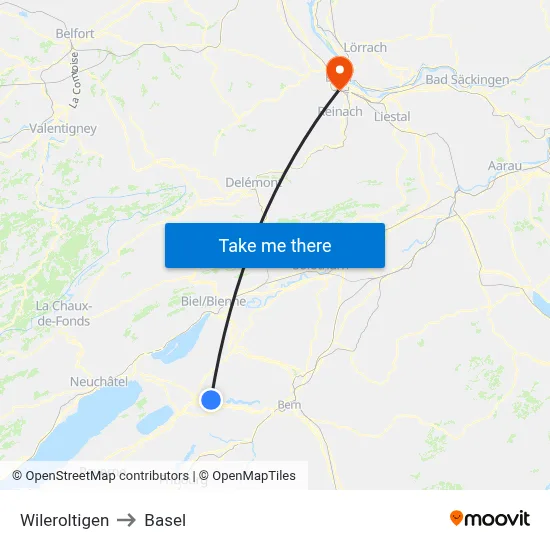 Wileroltigen to Basel map