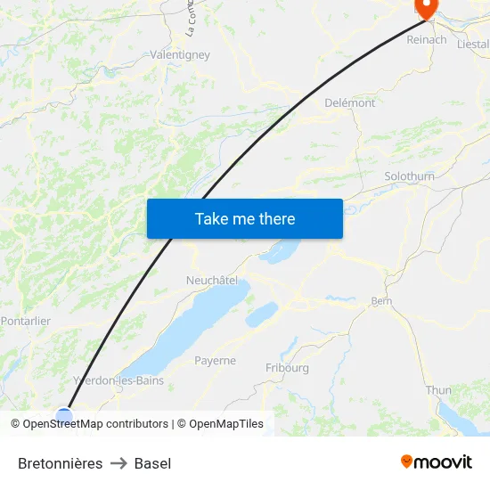 Bretonnières to Basel map