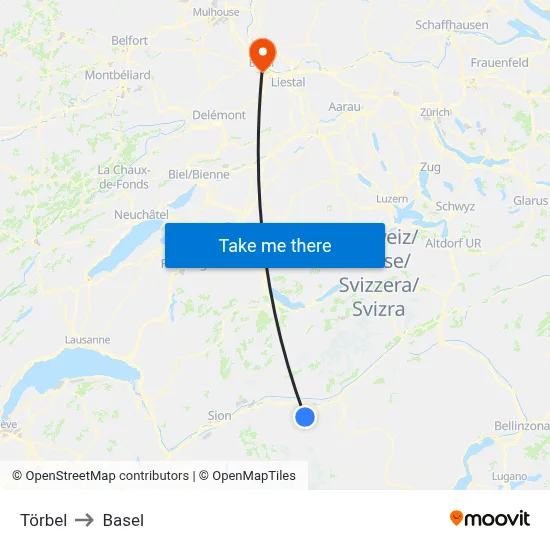 Törbel to Basel map