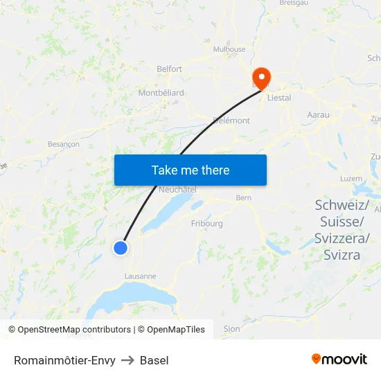 Romainmôtier-Envy to Basel map
