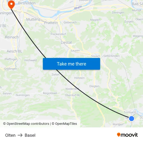 Olten to Basel map