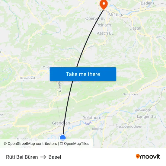 Rüti Bei Büren to Basel map