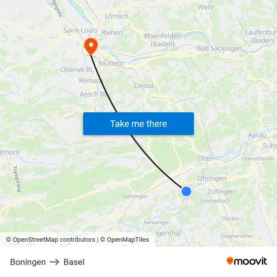 Boningen to Basel map