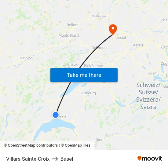 Villars-Sainte-Croix to Basel map