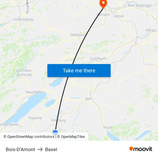 Bois-D’Amont to Basel map
