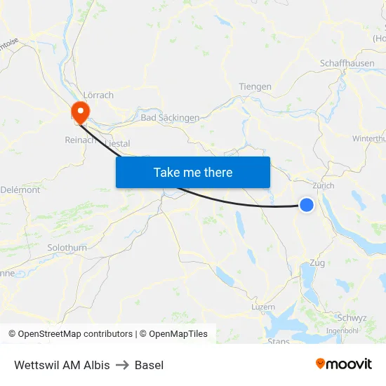 Wettswil AM Albis to Basel map