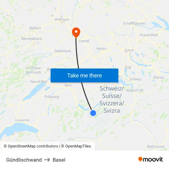 Gündlischwand to Basel map
