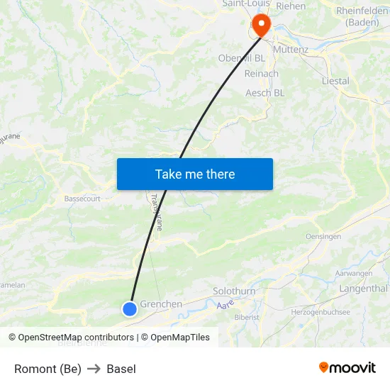 Romont (Be) to Basel map