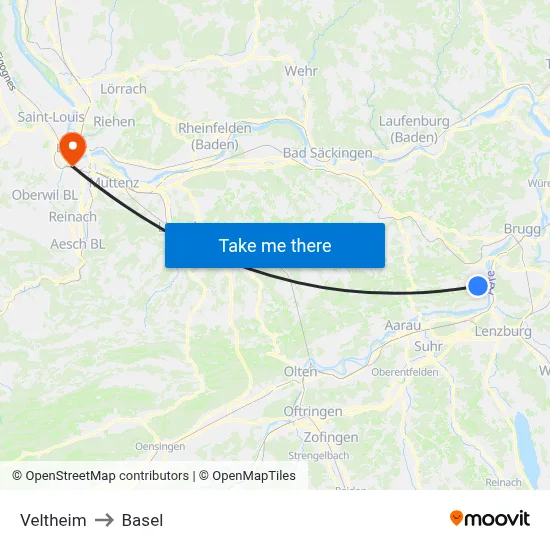 Veltheim to Basel map