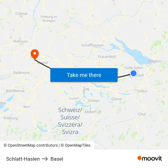 Schlatt-Haslen to Basel map