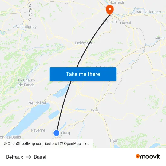 Belfaux to Basel map