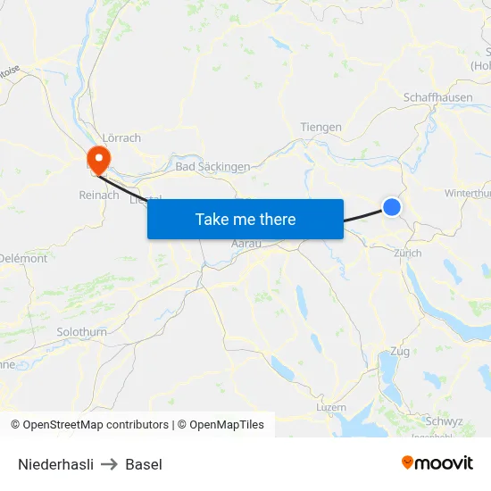 Niederhasli to Basel map