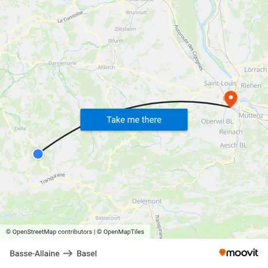 Basse-Allaine to Basel map