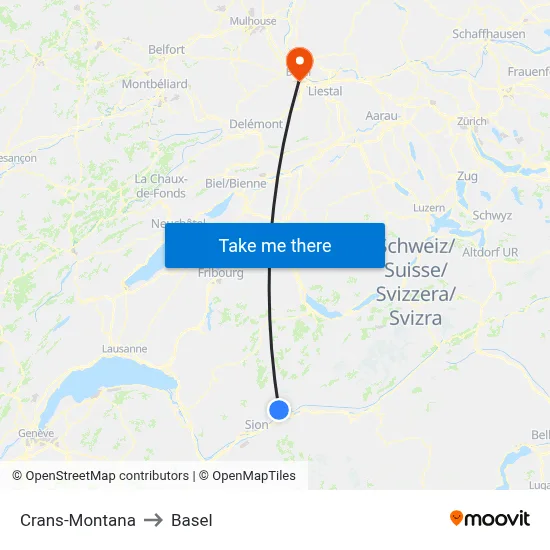 Crans-Montana to Basel map